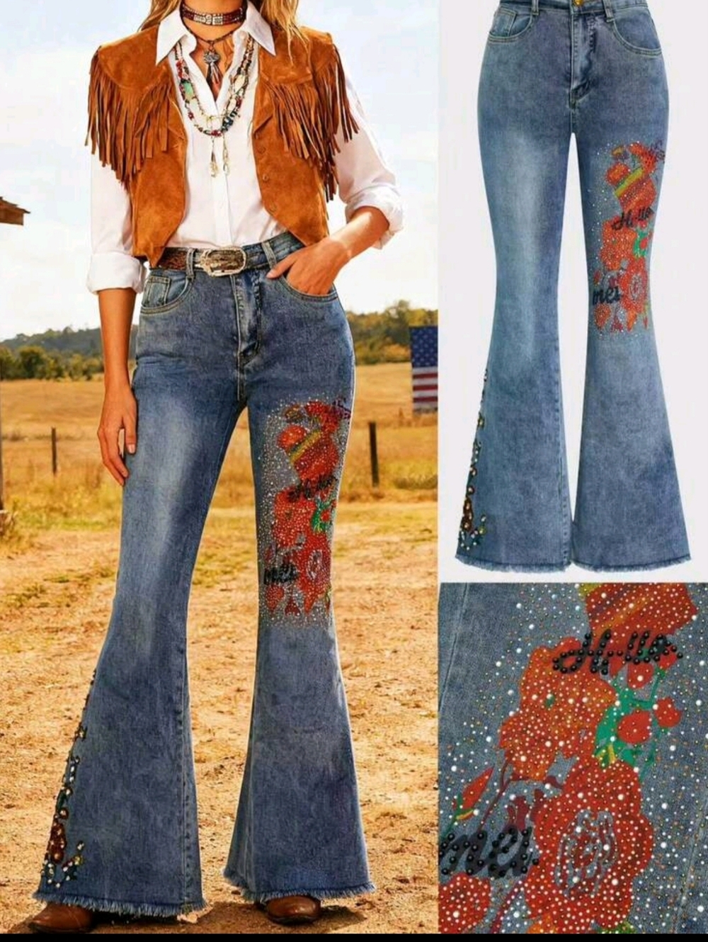 Women's Dark Blue Denim Flare Jeans - High-Waisted Silhouette With Rhinestone